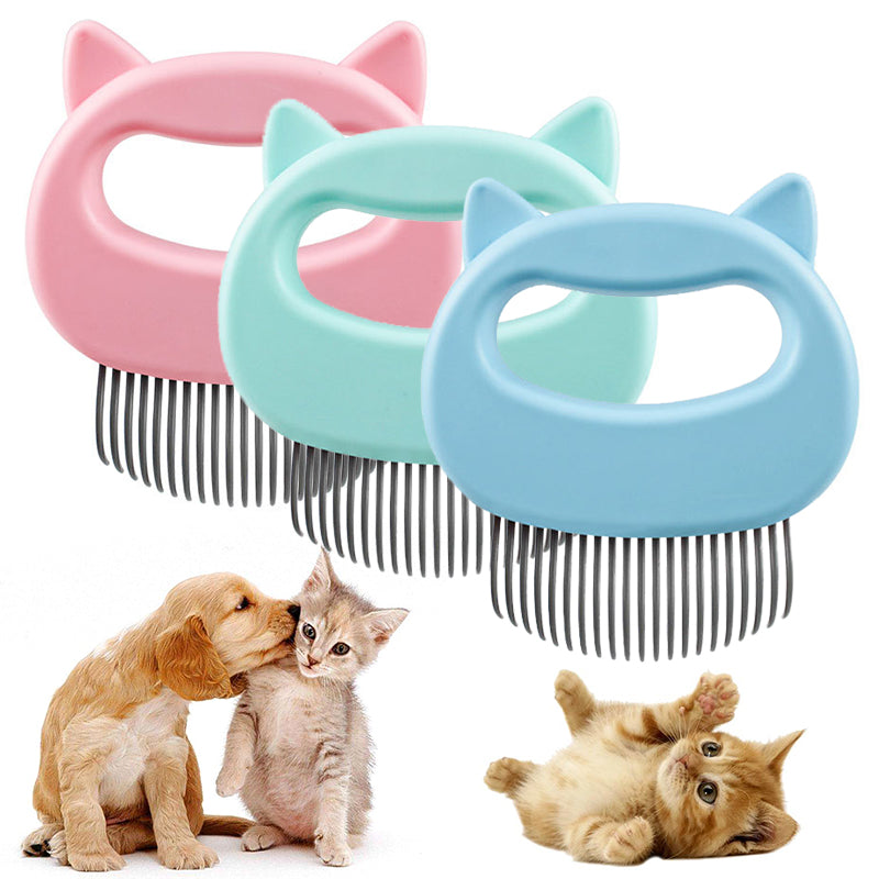 Three pet grooming combs with cat ear handles in pink, green, and blue, surrounded by a dog and two cats.
